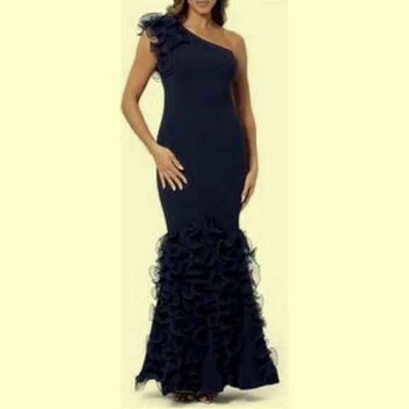 Xscape Navy Blue Wire Ruffle Detail One-Shoulder Scuba Crepe Gown